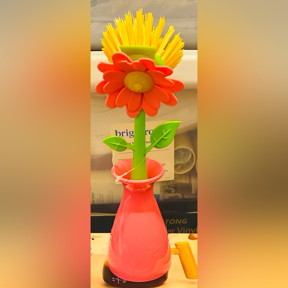 Kitchen Scrub Brush-Bright Pink Flower Vase with Green Stem